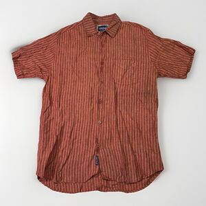 Jak Leaf 100% Linen Shirt Orange Red Striped Button Up Short Sleeve Size S/M